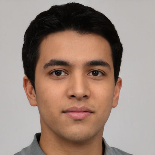 Neutral asian young-adult male with short  black hair and brown eyes