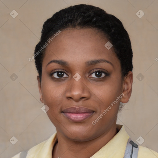 Joyful latino young-adult female with short  black hair and brown eyes