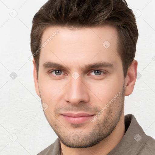 Neutral white young-adult male with short  brown hair and brown eyes