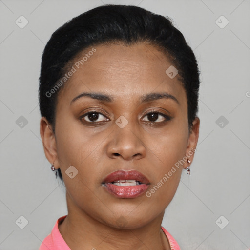 Joyful black young-adult female with short  brown hair and brown eyes