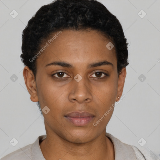 Neutral black young-adult female with short  black hair and brown eyes