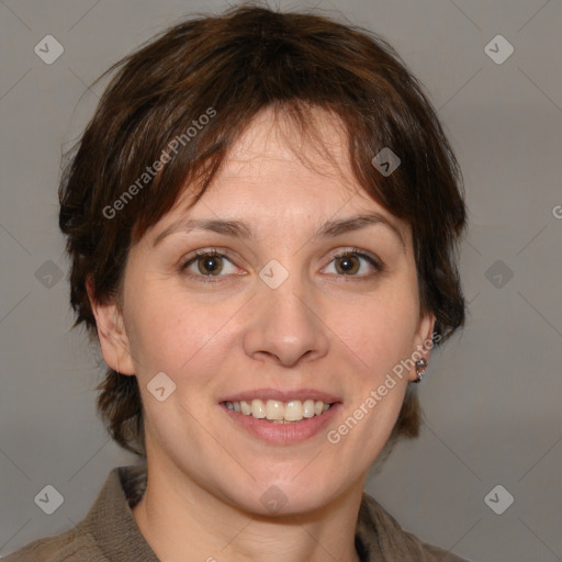 Joyful white adult female with medium  brown hair and grey eyes