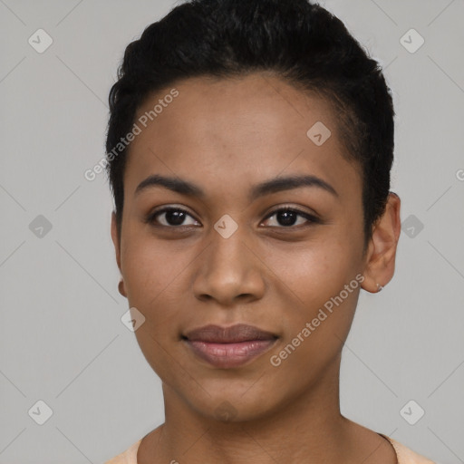 Joyful latino young-adult female with short  black hair and brown eyes