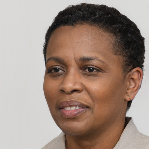 Joyful black adult female with short  black hair and brown eyes