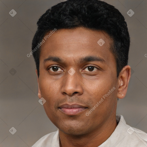 Neutral latino young-adult male with short  black hair and brown eyes