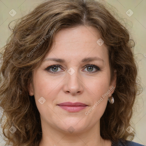 Joyful white young-adult female with medium  brown hair and green eyes