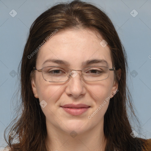 Joyful white adult female with long  brown hair and brown eyes