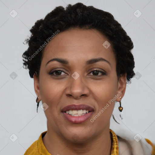 Joyful latino young-adult female with short  brown hair and brown eyes