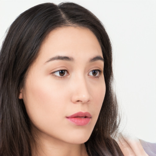 Neutral asian young-adult female with long  brown hair and brown eyes