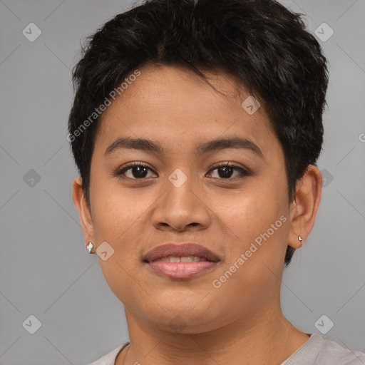 Joyful asian young-adult female with short  brown hair and brown eyes