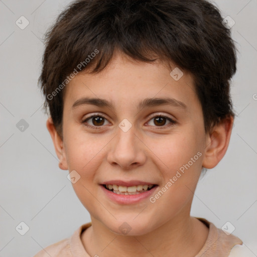 Joyful white child male with short  brown hair and brown eyes