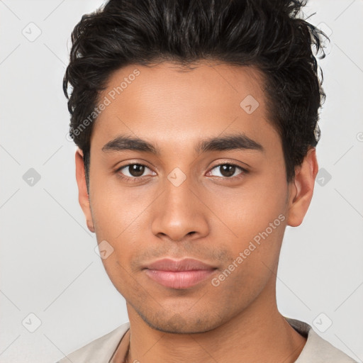 Neutral latino young-adult male with short  brown hair and brown eyes