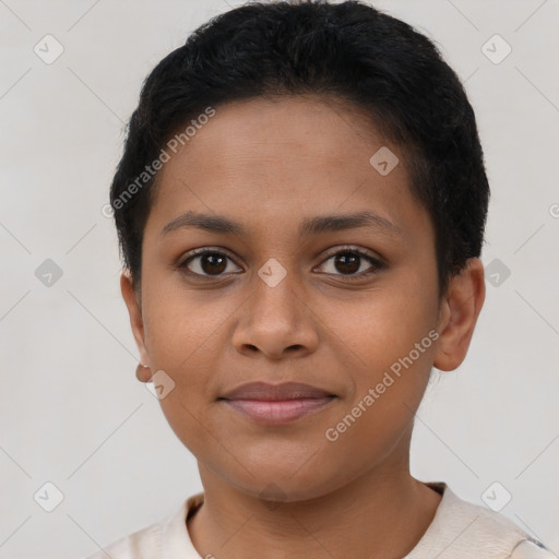 Joyful latino young-adult female with short  brown hair and brown eyes