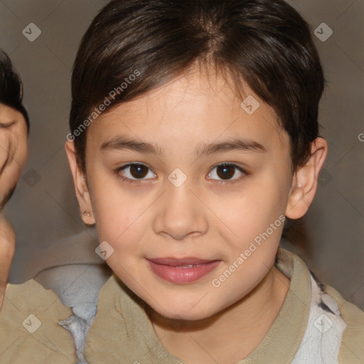 Joyful white child female with medium  brown hair and brown eyes