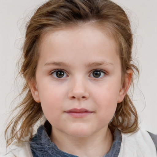 Neutral white child female with medium  brown hair and blue eyes