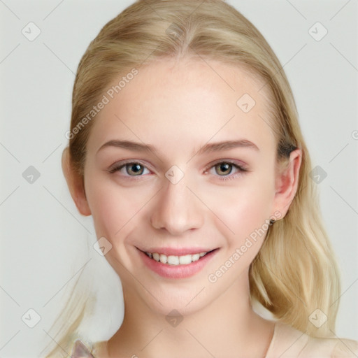 Joyful white young-adult female with medium  brown hair and blue eyes