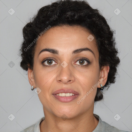 Joyful latino young-adult female with short  brown hair and brown eyes