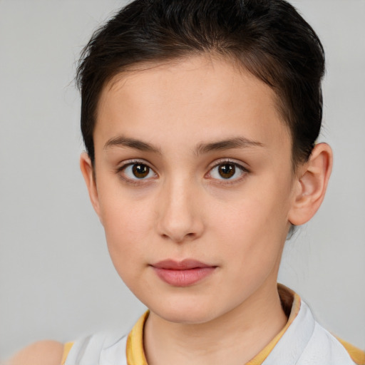 Neutral white young-adult female with short  brown hair and brown eyes