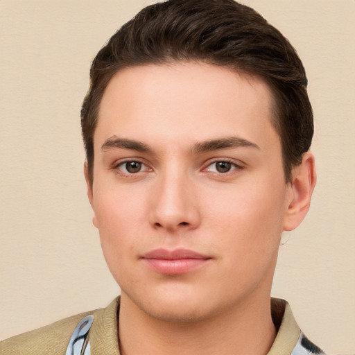 Neutral white young-adult male with short  brown hair and brown eyes