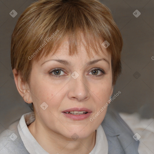 Joyful white adult female with short  brown hair and brown eyes