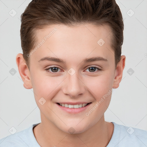 Joyful white child female with short  brown hair and brown eyes