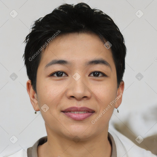 Joyful asian young-adult female with short  black hair and brown eyes