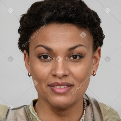 Joyful latino young-adult female with short  brown hair and brown eyes