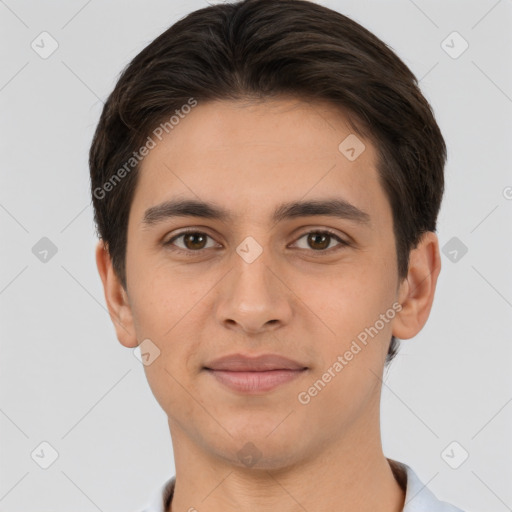 Joyful white young-adult male with short  brown hair and brown eyes