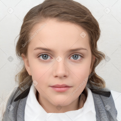 Neutral white child female with medium  brown hair and blue eyes