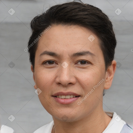 Joyful white adult female with short  brown hair and brown eyes