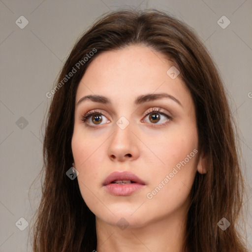 Neutral white young-adult female with long  brown hair and brown eyes