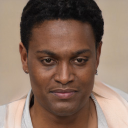 Joyful black young-adult male with short  brown hair and brown eyes
