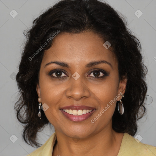 Joyful black young-adult female with medium  brown hair and brown eyes