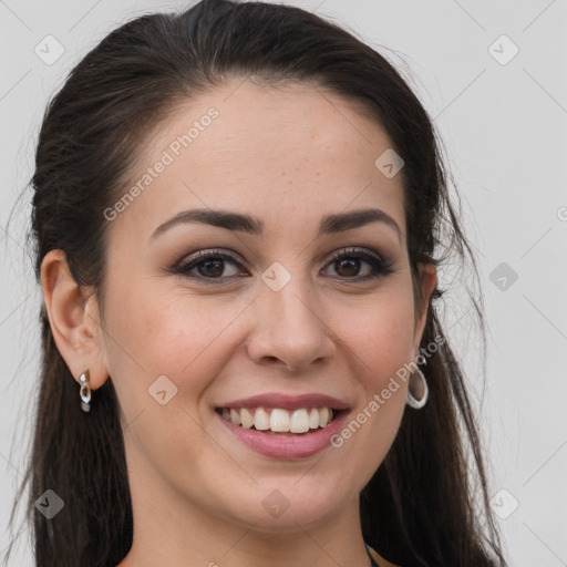 Joyful white young-adult female with long  brown hair and grey eyes