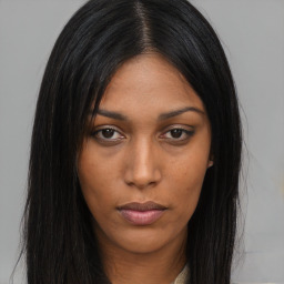 Neutral asian young-adult female with long  brown hair and brown eyes