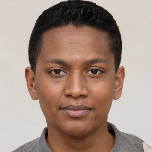 Neutral black young-adult male with short  black hair and brown eyes