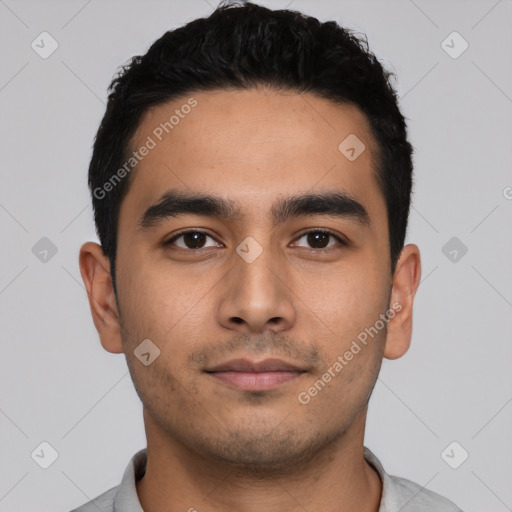 Neutral latino young-adult male with short  black hair and brown eyes