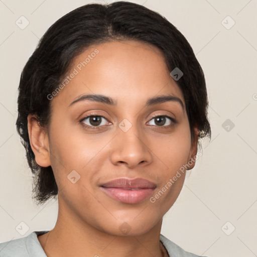 Joyful latino young-adult female with medium  brown hair and brown eyes