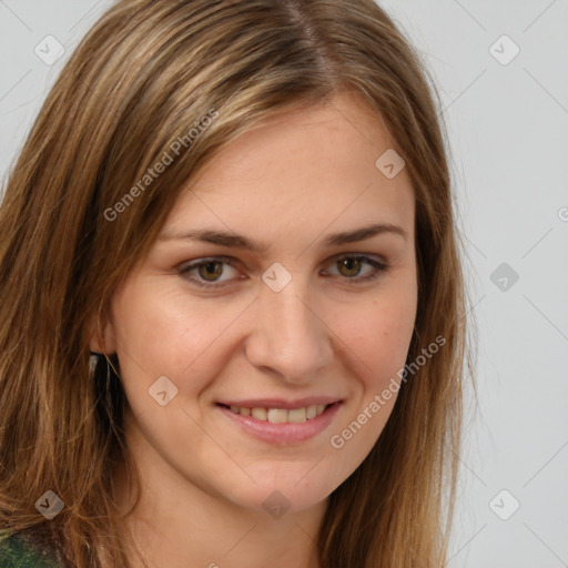 Joyful white young-adult female with long  brown hair and brown eyes