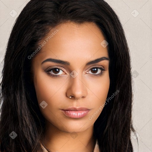 Neutral latino young-adult female with long  brown hair and brown eyes