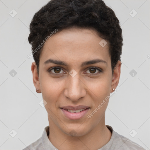 Joyful white young-adult female with short  brown hair and brown eyes