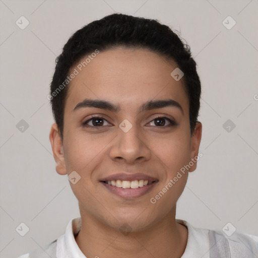 Joyful latino young-adult female with short  black hair and brown eyes