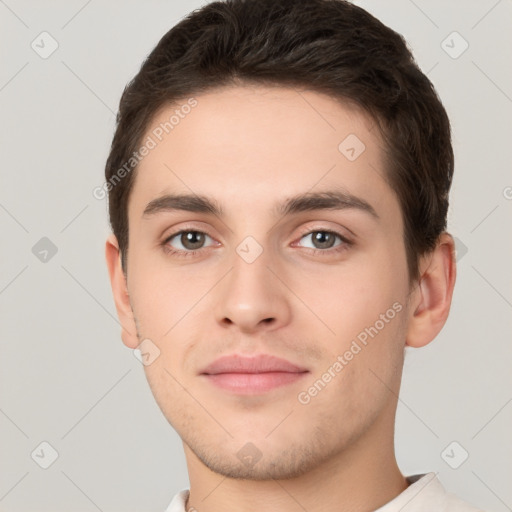 Neutral white young-adult male with short  brown hair and brown eyes