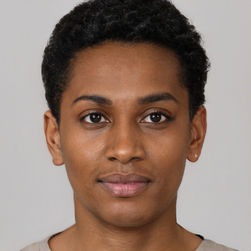 Neutral black young-adult female with short  black hair and brown eyes
