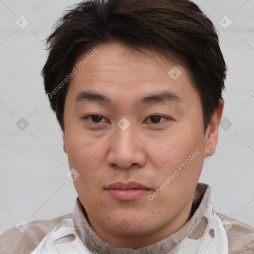 Neutral asian young-adult male with short  brown hair and brown eyes