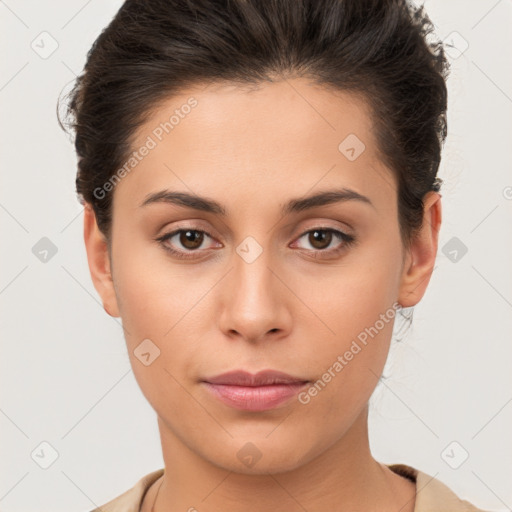 Neutral white young-adult female with short  brown hair and brown eyes