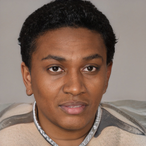 Joyful black young-adult female with short  black hair and brown eyes