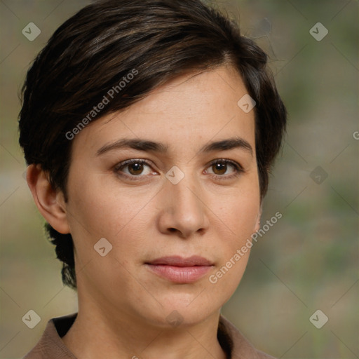 Joyful white young-adult female with medium  brown hair and brown eyes