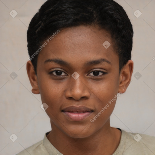 Joyful black young-adult female with short  brown hair and brown eyes