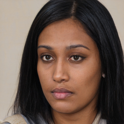 Neutral asian young-adult female with long  black hair and brown eyes